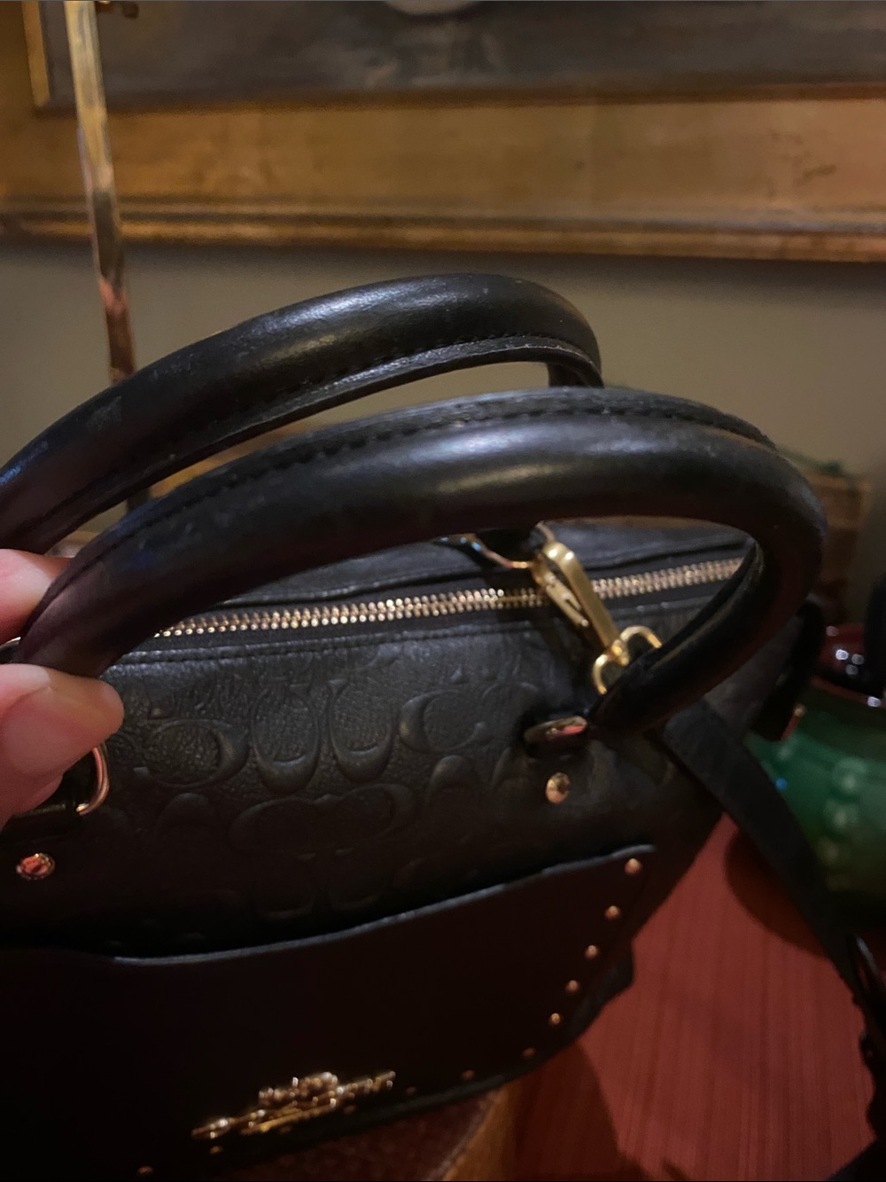 Coach Emma Black Satchel Crossbody Signature C and Cowhide Leather w/Gold studs - Picture 8 of 16